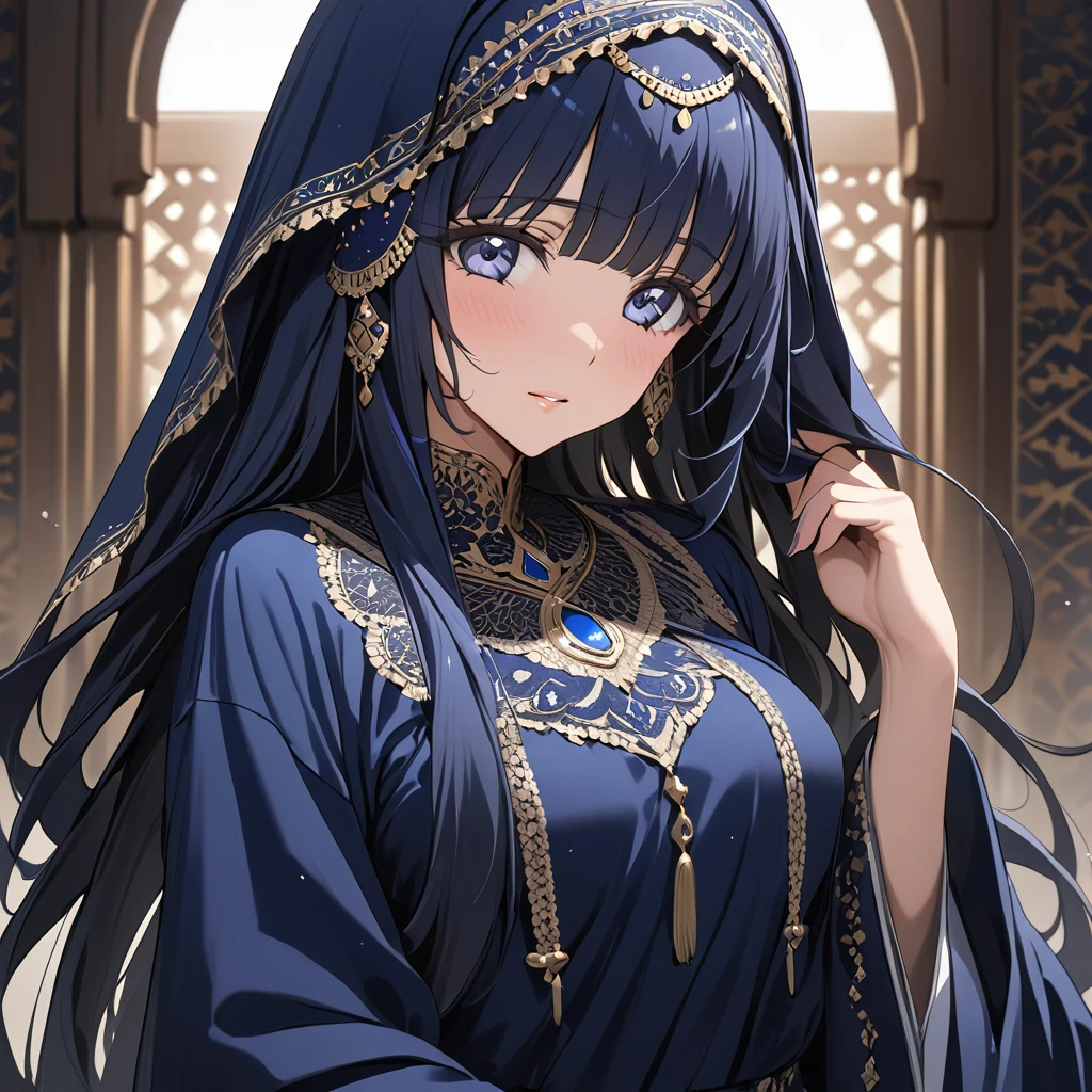 ((Highest quality)), ((masterpiece)), (detailed), （Perfect Face）、The woman is Reika Aoki, has midnight blue semi-long hair, is wearing a black Arabic traditional dress, and resembles an Arab Muslim woman.