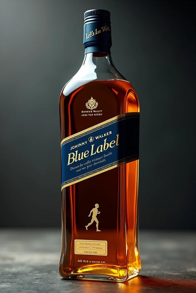 A bottle of blue label whiskey, but instead of blue label in the center it is written "let’s go" as a main brand, without saying blue label, la marca principal sigue siendo let’s go, ahora adáptala a una botella de blue label normal without saying blue label, The bottle is slightly tilted, Make it more realistic, with the details of Johnny Walker, the bottle is slightly tilted backwards, A little more realistic