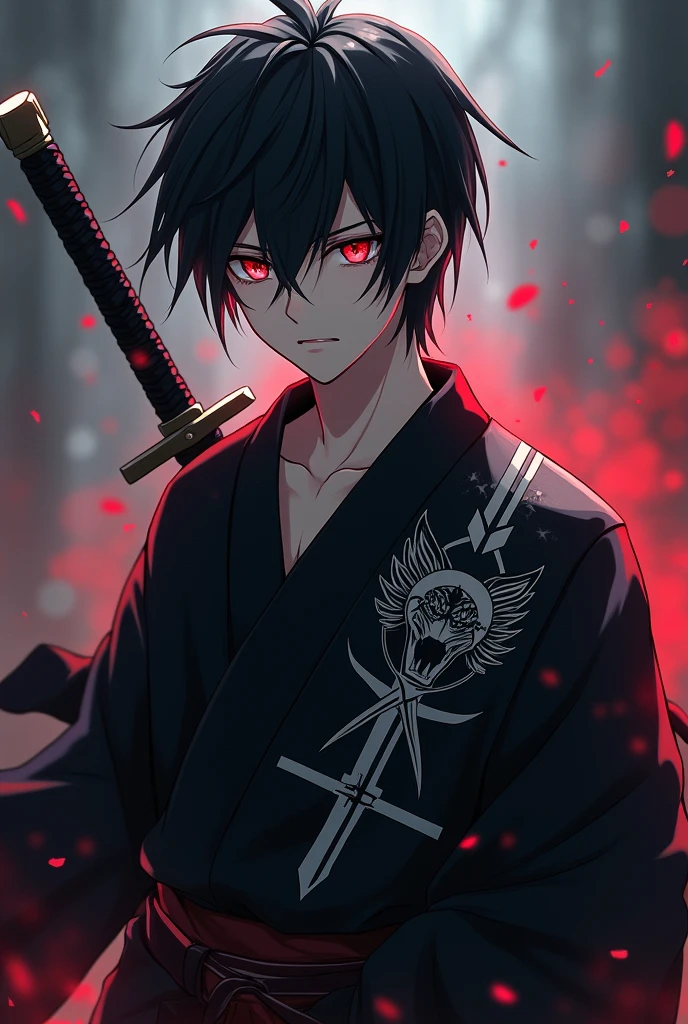 Animé, homme 20ans, cheveux noir inspiré de L dans Death note, oeil caché par les cheveux, pupil rouge, capacité épéïste (épée de la mort), vêtement kimono noir (avec logo d’une tête de loup avec deux sabre), on voit son corps complet