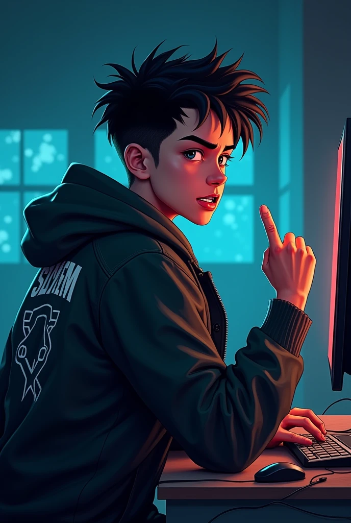 A boy hacking a computer on pc in a room and the hacker wear a jacket in jacket his name was showed and it was name was Sayem and he showed also his middle finger