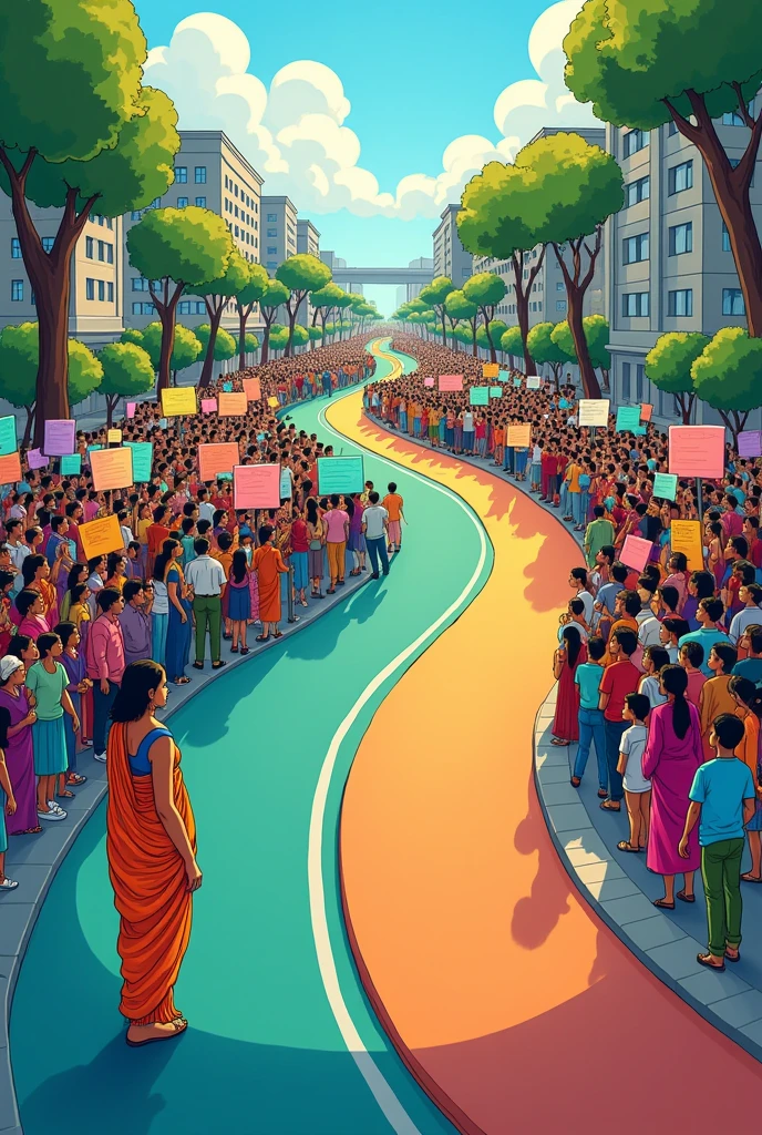 crate a cartoon image of two road going opposite direction. one is filled with people who are in a protest rally. the men are with placard. on another way, a lady with sari stands alone