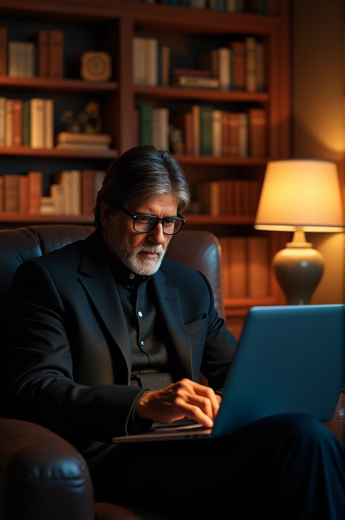 Amitabh Bachchan writing a blog on a laptop