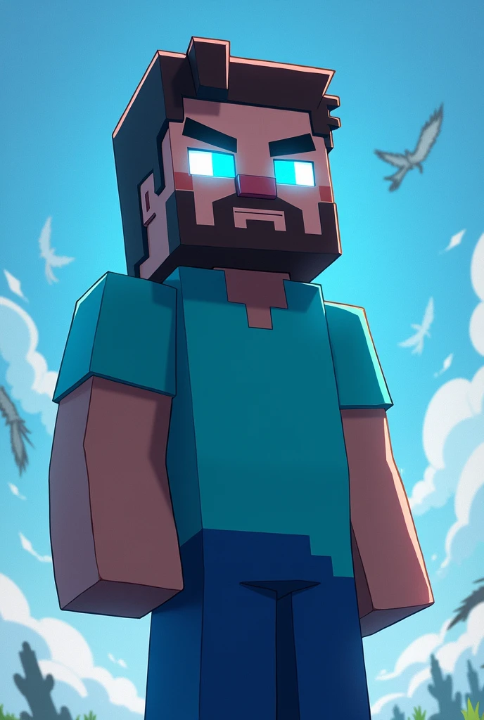 Steve from Minecraft with glowing white eyes dadass , your muscular body , with a light blue anime style shirt, with a shallow beard , a square body 

