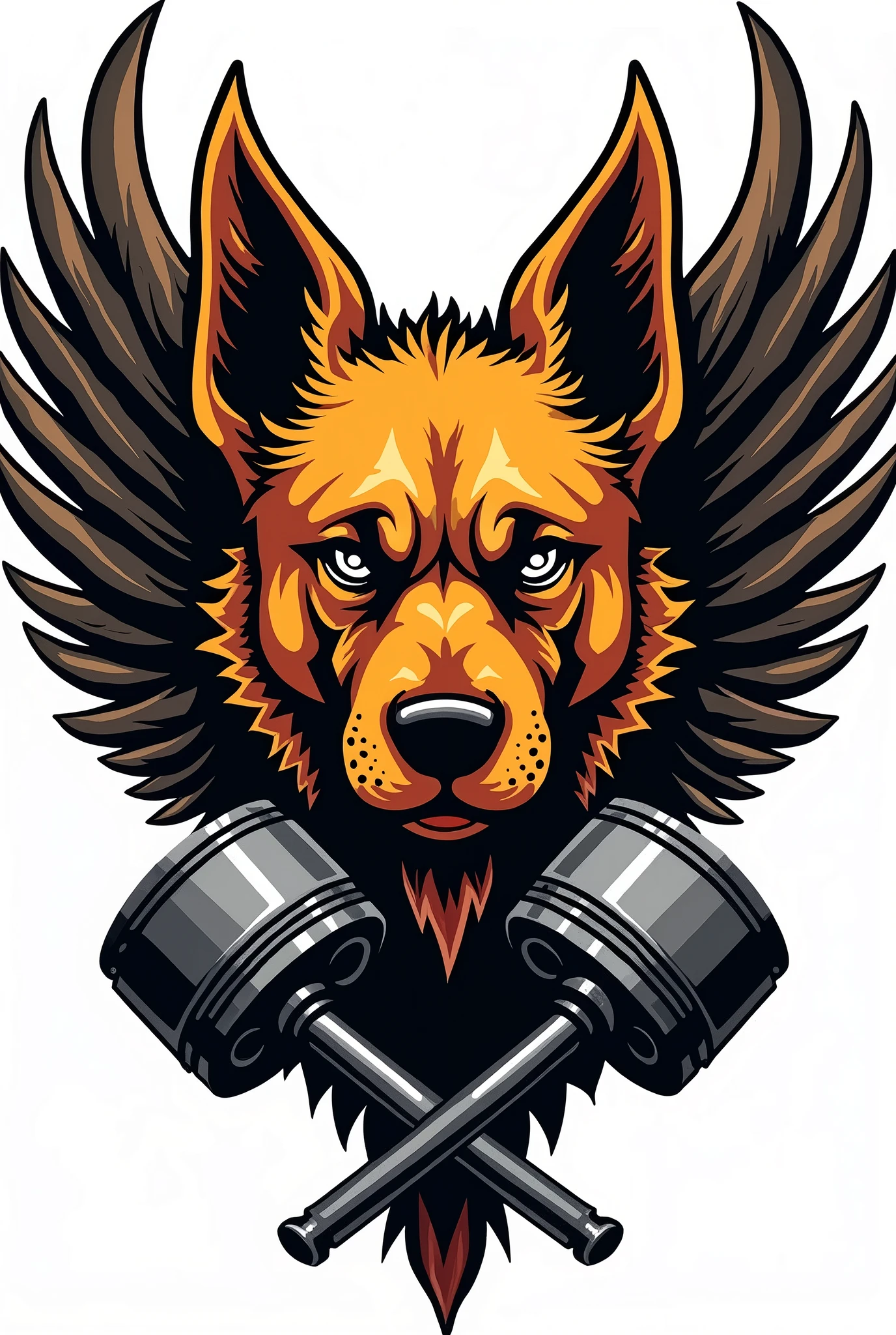 coat of arms for a motorcycle club whose mascot is a caramel-colored mongrel dog with its ears pricked up and a very angry face, In the coat of arms, the dog only has his face right in the middle, with not so big wings coming out from behind him in line with his eyes and two pistons at the bottom of the coat of arms.