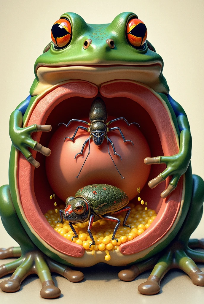 Description: A cross section of the frog&#39;s body, where you can see the stomach from the inside. Inside the stomach, The trapped insect is shown being broken down by gastric juices. (represented by a yellow or green liquid). The stomach should look like a sac with muscular walls..