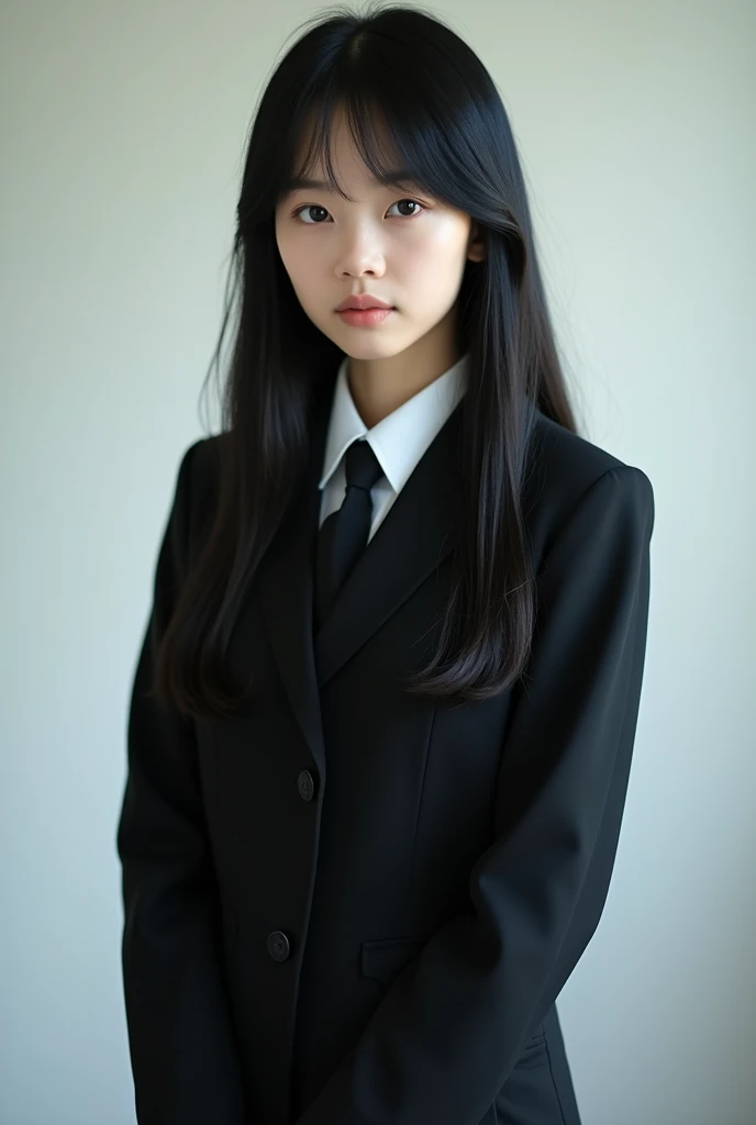 RAW Photos、high school girl、Showing the whole body、Black school uniform、Long straight black hair、Center parted bangs、Japanese、Beauty、Grown-up