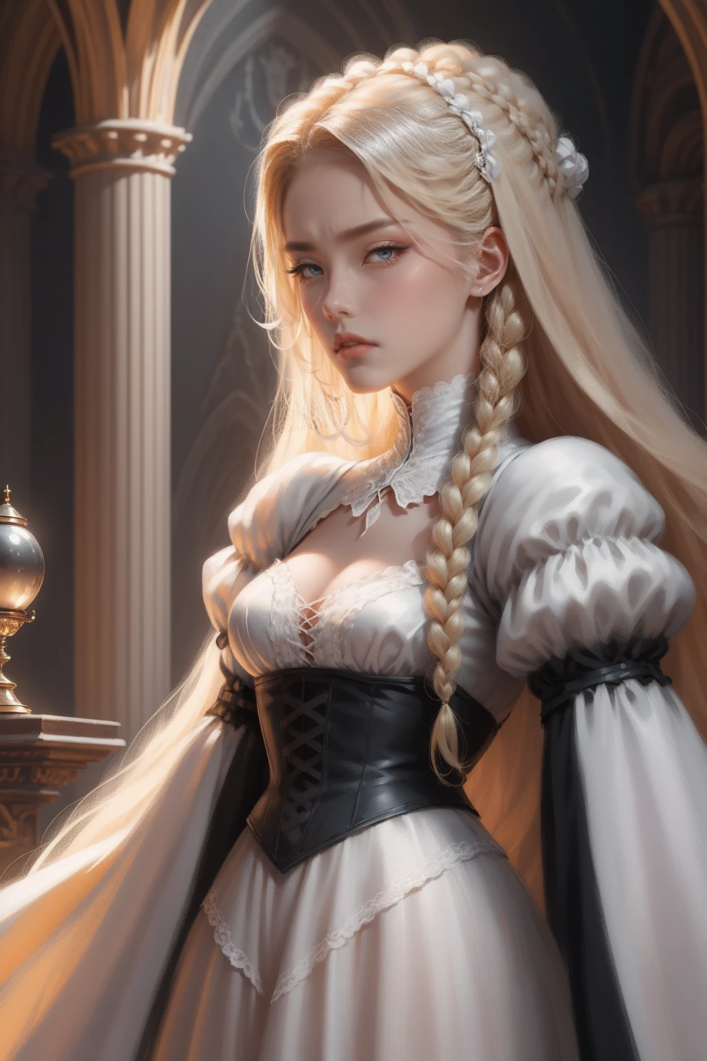 {-erro_de_anatomia:1.0} woman 30 years old, victorian era,victorian clothes, (white dress), dark castle, a woman (darkness), very long blond hair (blond hair), (gray eyes) . Indifferent look , merciless, dinamic poses, egoist smile, upper body, standing, backwards, looking back