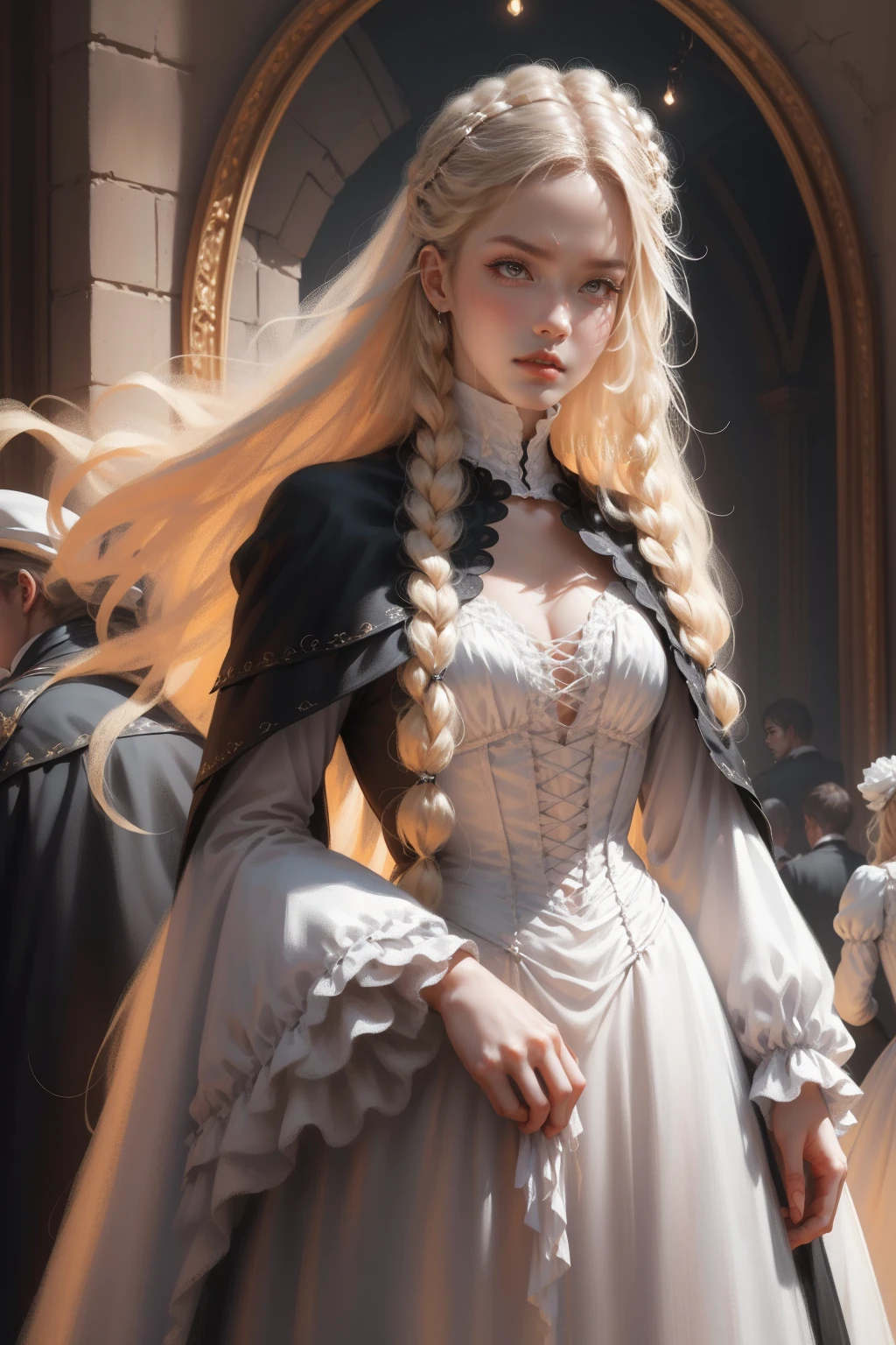 {-erro_de_anatomia:1.0} woman 30 years old, victorian era,victorian clothes, (white dress), dark castle, a woman (darkness), very long blond hair (blond hair), (gray eyes) . Indifferent look , merciless, dinamic poses, egoist smile, upper body, standing, backwards, looking back