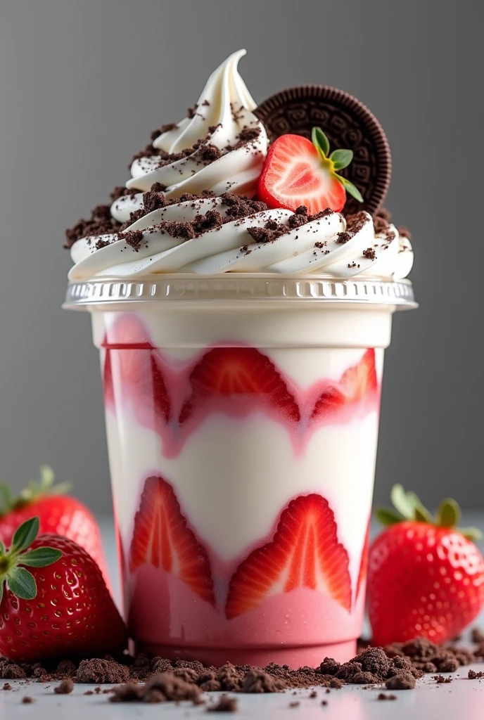 A detailed photorealistic 3D render of an 8 ounce plastic cup filled with strawberries and cream, topped with decorative chocolate and crushed Oreo cookie crumbs, (best quality,4k,8k,highres,masterpiece:1.2),ultra-detailed,(realistic,photorealistic,photo-realistic:1.37),studio lighting,extremely detailed,professional,vivid colors,intricate details,delicious,food photography,close-up,food styling,food and drink