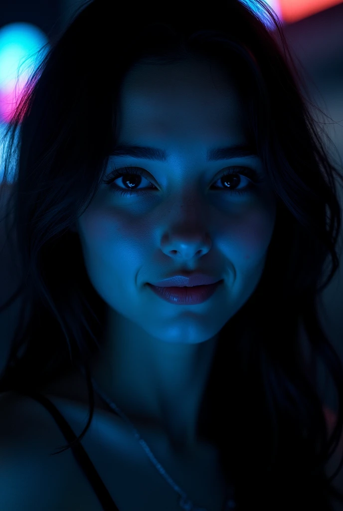 highest quality, epic realistic, ((in the pitch black darkness :1.4)), ((portrait:1.5)),(background: dark ) high contrast ,glorious picture, lowest lux, lighting face, she's comfortable, wearing nothing,  , looks incredible, (8k, Raw photo, Highest quality),(epic realistic:1.5), a woman, face,(detailed eyes:0.8),(looking at the camera:1.4), (Highest quality), ( high contrast, deep shadows),Intricate details,cinematic,((skin:1.4)), (long dark hair:1.3), long hair, messy ,(Hdr:1.5),Detailed, colors, Superior quality, Masterpiece, Raw Photo (20-year-old, looking at viewer), beautiful, (wearing plain yellow shirt,), perfect, natural, perfect composition, portrait, perfect face, smiling expression, Captivating eyes, Bright details, Tight lips, (High Skin Detail),, (blue tint: 0.6), (sale: 0.8), (bloody: 0.7), Key lighting , (backlight: 0.5), Medium depth of field, Canon 5d, 50mm lens, f/4 apertures, (Ultra-detailed, Complex detail), sharp focus, soft colors, 8k, Absurd, 80mm, bokeh background, photography, smiling, pinay, filipina, large , neon lights background, bokeh