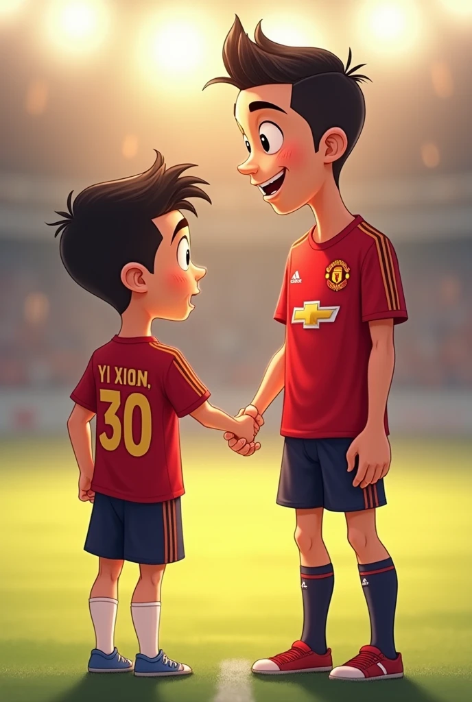 A boy who is Cristiano Ronaldo fan. He loves playing football. He meet Ronaldo one day. Ronaldo with Manchester United logo shirt. The boy shirt have his name: Yi Xian with number 30 . He hold Ronaldo hand. Cartoon.
