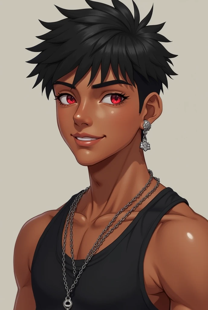 A teenage man, brown skin, red eyes, short black hair, chain earring in his right ear, athletic physique, smile on his face, young man in his 20s