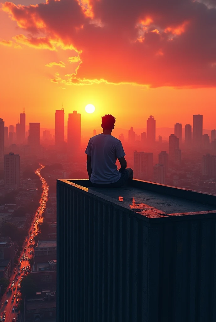 A man sitting on the roof of a building at sunset in São Paulo