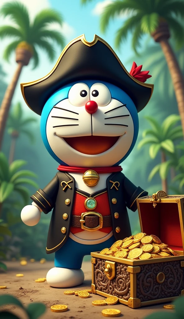 Doraemon pirate costume black hat red black costume, standing next to the treasure chest of gold and jade,jungle scene
