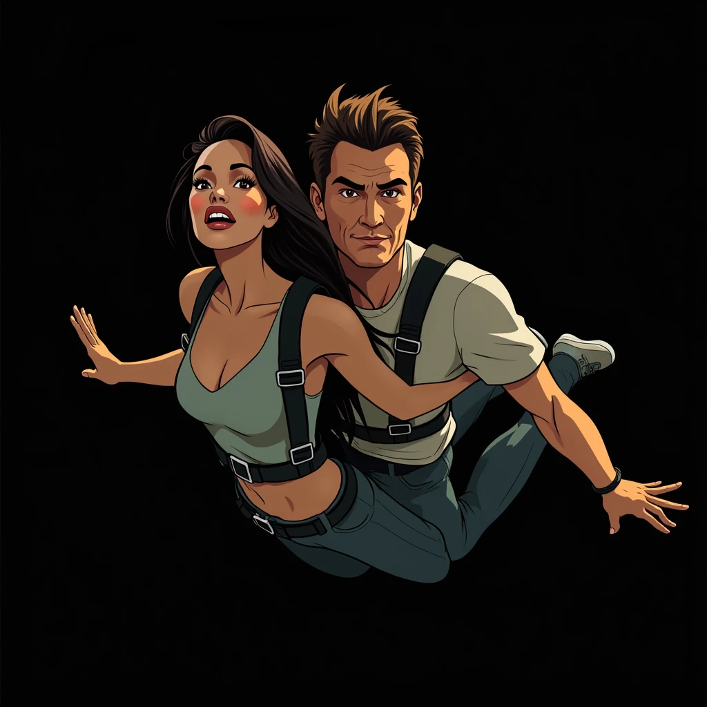 A woman and a man are seen in this scene , They are skydiving, the woman is beautiful, very fit, Latina , The man is about 35 years old, the sky and the clouds in the background and in the distance you can see the plane they just jumped out of descending