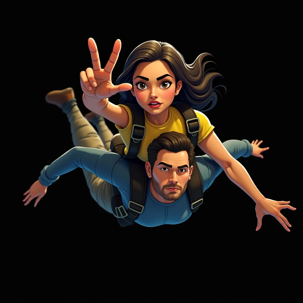 A woman and a man are seen in this scene , They are skydiving, the woman is beautiful, very fit, Latina , The man is about 35 years old, the sky and the clouds in the background and in the distance you can see the plane they just jumped out of descending