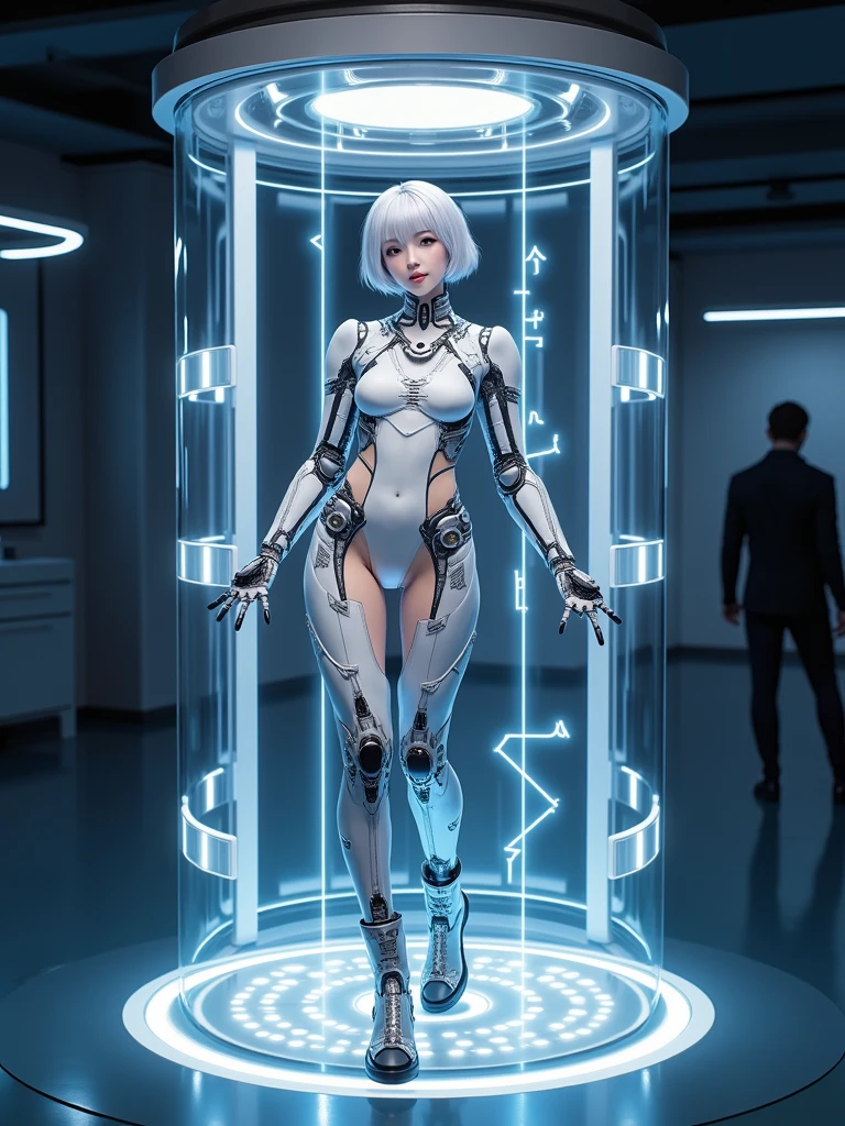 (Highest quality, High resolution, masterpiece:1.2), Very detailed, Realistic:1.37, (Perfect Anatomy),1 girl cowboy shot, Cute and beautiful Japanese woman in her 20s,Super Idol,(Transform into an idol cyborg),Standing posture,Big Laugh,AKB,(Close ~ eyes:1.4),Super cute face,,,Beautiful skins, Detailed facial features, Complex Hair, (Futuristic shiny milky white skin-tight synthetic skin and boots:1.2),(Many cables connected to the body:1.4),(The electronic components inside the body are glowing),Attention to detail in the costumes,Metal Necklace,Futuristic hair accessories, Enchanting Make-up,Silver short hair,Moe pose,,cyber punk,Cybernetic,(I am inside a cylindrical cyborg conversion device that covers my entire body.:1.4).