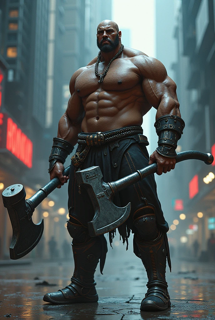 Muscular white man with 2,30m and 130kg of pure muscle. In combat stance carrying a single combat weapon with both fists. This weapon is a large hammer and a LARGE battle axe..
In the cyber punk world