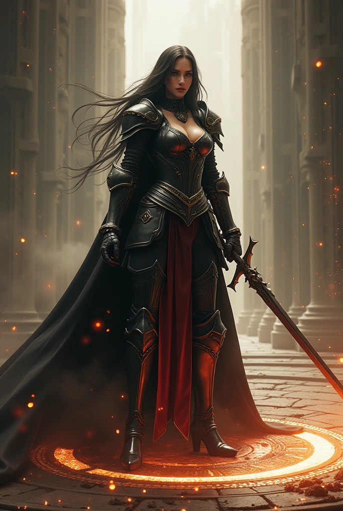 (8K, best quality, masterpiece, Final Fantasy Style: 1.2), (Practical, photoPractical: 1.37), Very detailed, A girl, {dark knight with Excalibur imbued with light}, Wide viewing angle, Huge firm bouncing breasts, Very detailed description, miniature, Facial details, Detailed description of hair, Accurate skeleton, Intricately patterned dress, Complex armor, Long and thick sword,Like a dream,Hyper-realistic mixed fantasy world,A mixture of reality and fantasy elements,Magical Effect,(地面上的Magic Circle, Casting a Spell, Whirlwind Magic, Light Particles),Dynamic Light,Red,fire, Red fire eyes,elegant,The light of sin,dark,(dark magic), (strict), The struggle between justice and, (旋涡fire焰:1),universe, lightning, erupting, Magic Circle, Complex Mode, (Phoenix:1.4), (Huge mother crystal, 巨大的fire焰:1.2)