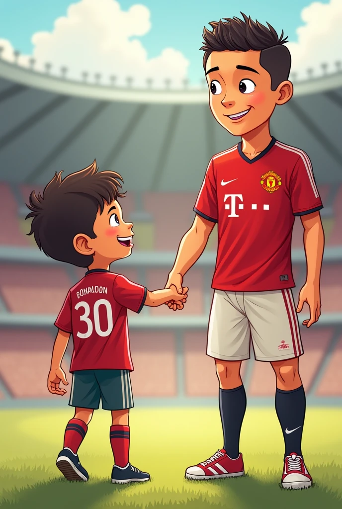 A boy who is Cristiano Ronaldo fan. He loves playing football. He meet Ronaldo one day. Ronaldo with Manchester United logo shirt. The boy shirt have his name: Yi Xian with number 30 . He hold Ronaldo hand. Cute Cartoon.