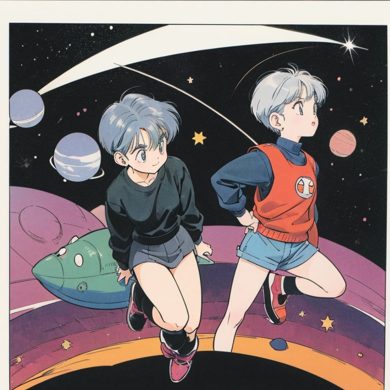 ((a cute girl)),gray hair,medium　short hair,black sweater,full body,flat fill,analogue,1990s,comic,Simple line art,retro anime,many colorful stars,night,space、no gravity,takahashi rumiko,simple、Very cute design、print,Simple Background、Paul Klee