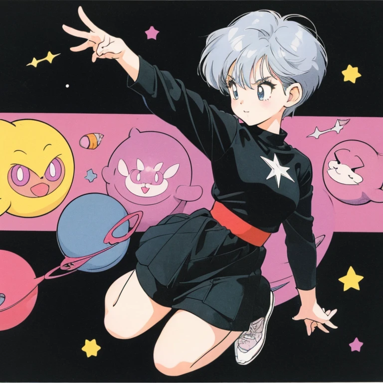 ((a cute girl)),gray hair,medium　short hair,black sweater,full body,flat fill,analogue,1990s,comic,Simple line art,retro anime,many colorful stars,night,space、no gravity,takahashi rumiko,simple、Very cute design、print,Simple Background、Paul Klee