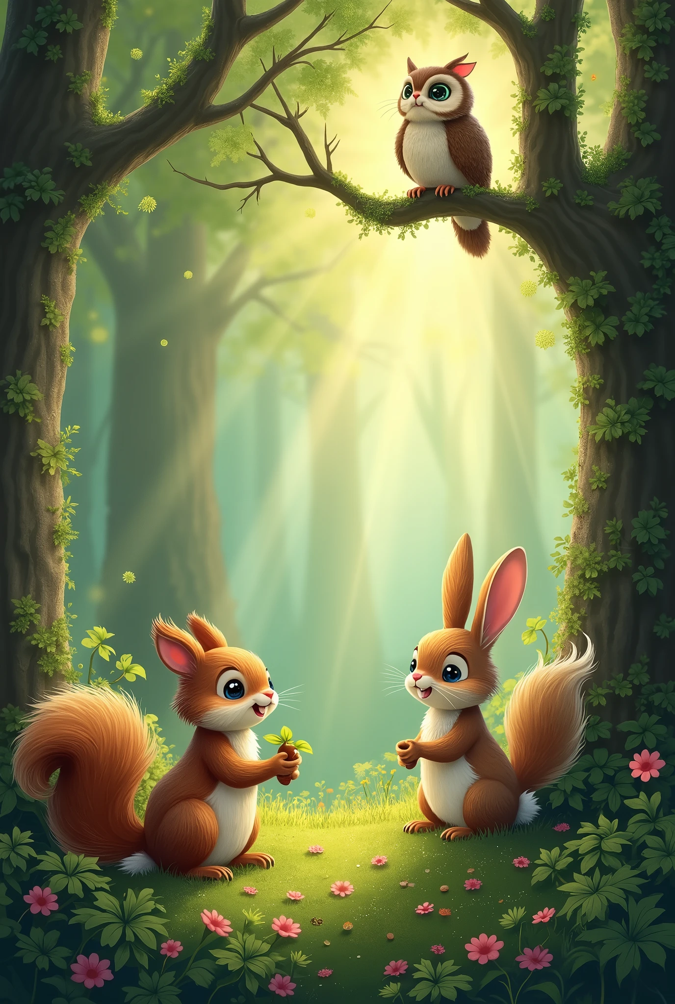 Create an image where a squirrel, a rabbit and an owl are in a forestCreate an image where a squirrel, a rabbit and an owl are in a forest