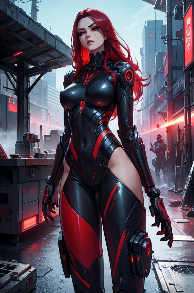 A voluptuous female android, hyper-realistic, crimson hair, red eyes, futuristic cyberpunk clothing, highly detailed, intricate mechanical design, elegant pose, striking the perfect balance between technology and grace, cinematic lighting, vibrant color palette, dramatic chiaroscuro, photorealistic, 8k, high resolution, masterpiece, concept art