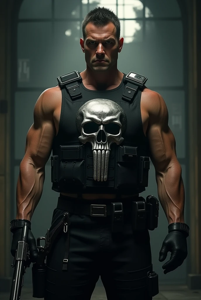 Tall guy with short black hair wearing a black bulletproof vest that has a skull with a Colt M1911 gun
