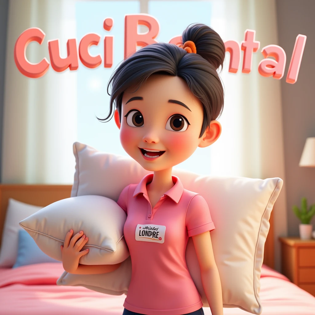 3D cartoon, HD, a Chinese woman as a laundry courier, wearing a pink shirt with text logo MISTER LONDRE no image just text, carrying a pillow , the big title says CUCI BANTAL , long shoot , background in bedroom