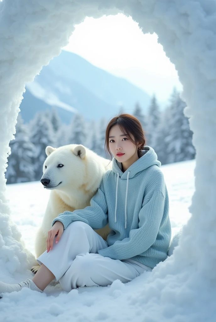 Beautiful Korean woman with pure white skin, smooth ears, wearing a light blue knitted hoodie, white culottes holding a white bear, next to a white bear, sitting on the snow, snow cave with a background of snow fields, snow mountains, snow pine trees, photo original