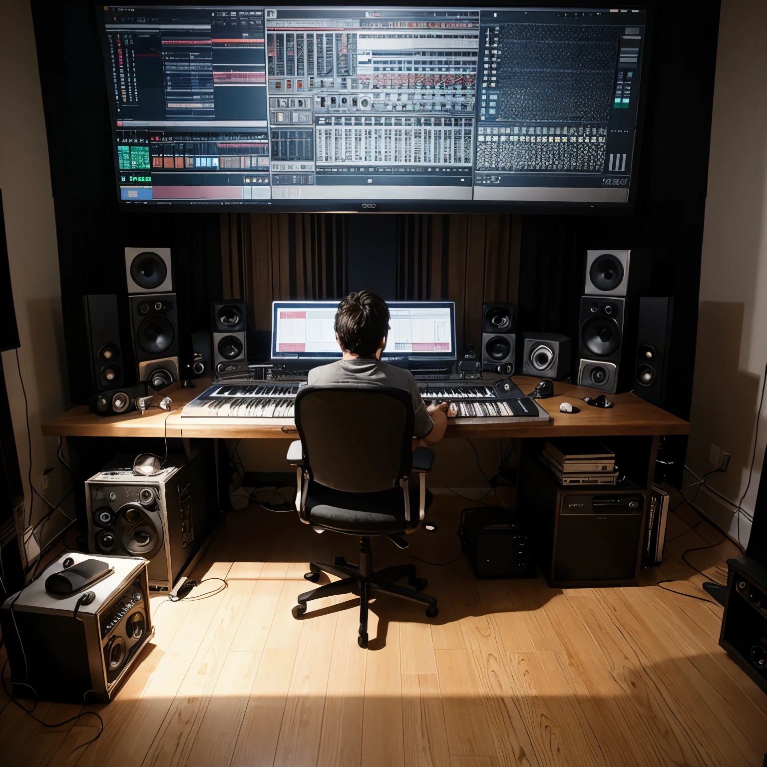 A MUSIC PRODUCER WORKING IN HIS HOME STUDIO