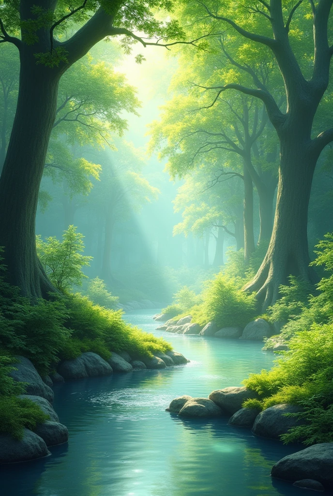 I capture quiet moments in nature...。wood々Imagine a peaceful landscape bathed in soft morning light..。.。Gentle meandering current、ล้อมรอบด้วยแมกwoodเขียวขจี。The overall atmosphere is peaceful and connected to the natural world..、Emphasizing the beauty and tranquility of outdoor moments。