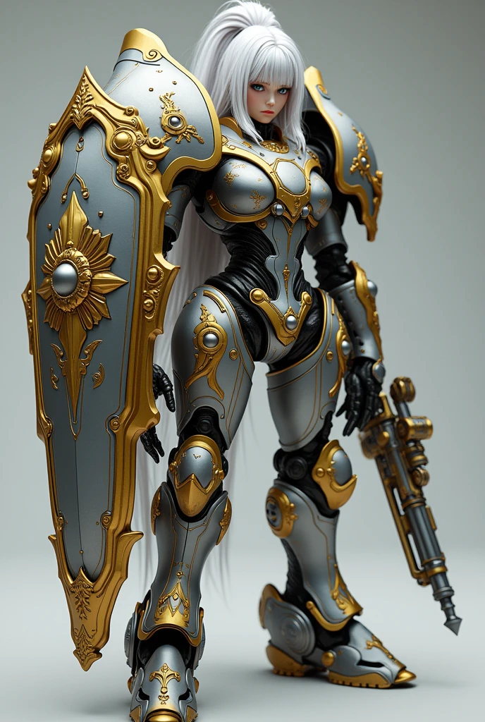 SeaArt Bot Txt2Img Studio Extremely Ultra-realistic, Very detailed concept art, Mecha, (army:1.2), Glowing Skin, Extremely detailed modeling, whole body, (Extremely ultra detailed, extremely ultra real , Very fine and perfect hands, 8k, Extremely realistic texture, (masterpiece,Highest quality:1.2), (Realistic:1.4)　Cool Gatling Gun　gold and silver　gorgeous design　中世のgorgeous designの盾　　Realistic　Intricate Design　32K　whole body　Dynamic pose　Girl　steampunk　Silver Hair　whole bodyポーズ　Convex and concave design