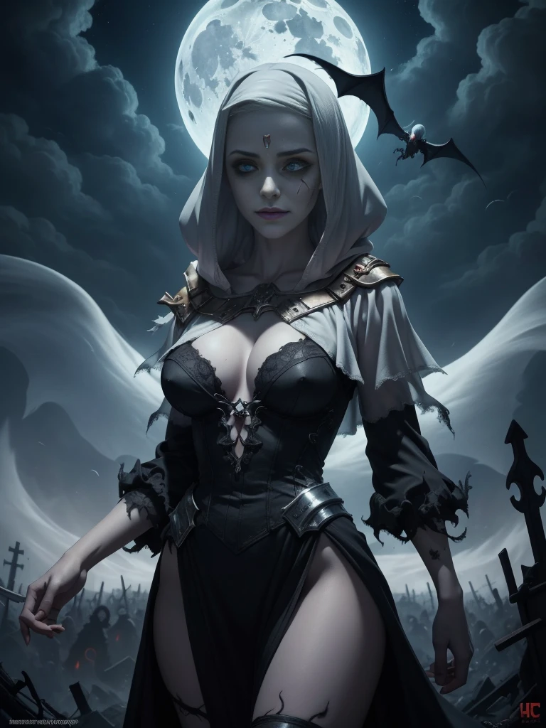 during night, ((Flying ghost line drawing surrounded by undead and ghosts))++, Night, Cloudy clouds, fullmoon, Red full moon on background, Fantasy, 4K highly detailed digital art, 8K high-quality detail art, in style of cyril rolando, detailed fantasy digital art, epic fantasy science fiction illustration, amazing wallpapers, Hordes of undead inspired by Gaston Bucière, The Apocalypse Brings, sheer see-through tight-fitting plunging deep-v provocative dress, Evil Magic Energy, seductive smile, naughty face