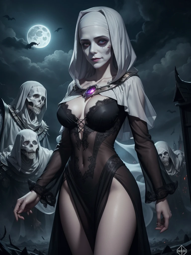 during night, ((Flying ghost line drawing surrounded by undead and ghosts))++, Night, Cloudy clouds, fullmoon, Red full moon on background, Fantasy, 4K highly detailed digital art, 8K high-quality detail art, in style of cyril rolando, detailed fantasy digital art, epic fantasy science fiction illustration, amazing wallpapers, Hordes of undead inspired by Gaston Bucière, The Apocalypse Brings, sheer see-through tight-fitting plunging deep-v provocative dress, Evil Magic Energy, seductive smile, naughty face
