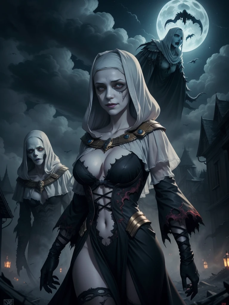 during night, ((Flying ghost line drawing surrounded by undead and ghosts))++, Night, Cloudy clouds, fullmoon, Red full moon on background, Fantasy, 4K highly detailed digital art, 8K high-quality detail art, in style of cyril rolando, detailed fantasy digital art, epic fantasy science fiction illustration, amazing wallpapers, Hordes of undead inspired by Gaston Bucière, The Apocalypse Brings, sheer see-through tight-fitting plunging deep-v provocative dress, Evil Magic Energy, seductive smile, naughty face