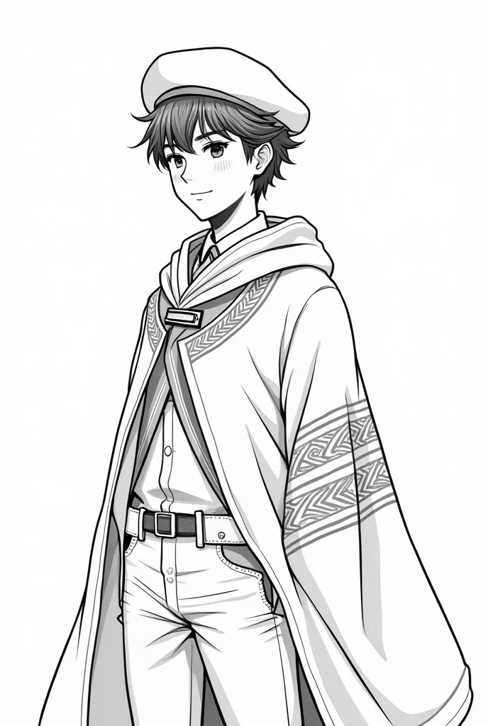 Anime-style, young gaucho, 30 years old, trigueño, wearing an Argentine Basque beret and a modernized Argentine poncho with guarda pampa patterns. Vectorized style, black and white, no fill, no shadows. Detailed line art, clean lines, high resolution, consistent character design.