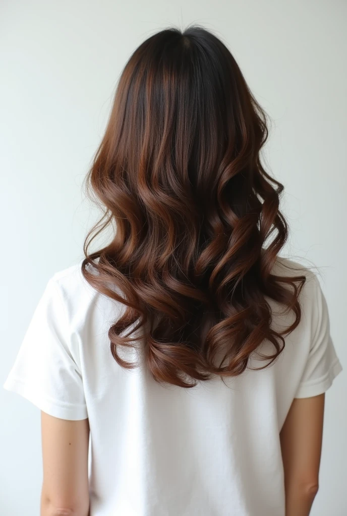 Hairstyle seen from behind、White wall background、Medium Hairstyles、Curly Hair Style、Smooth hair texture、Outward curled hair、Top fluffy hair、Light tips、Hairstyles with movement、Japanese women、White T-shirt、Hair style with tiers、Hairstyles without waves