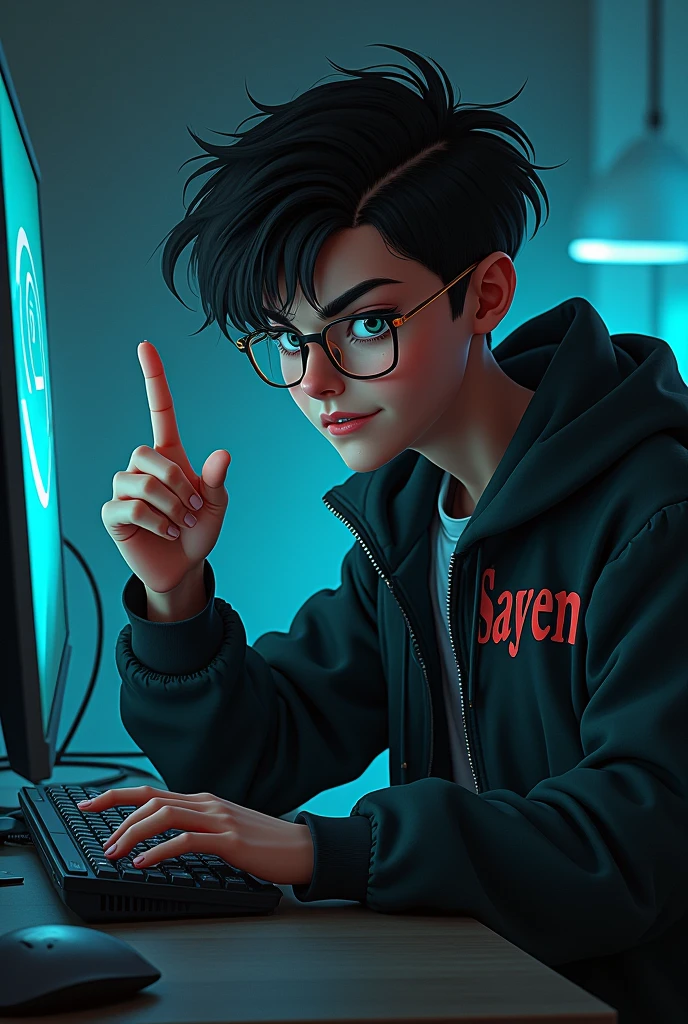 A boy hacking a computer on pc wirh a distance
in a room and the hacker wear a jacket in jacket his name was showed and it was name was Sayem and he showed also his Middle finger