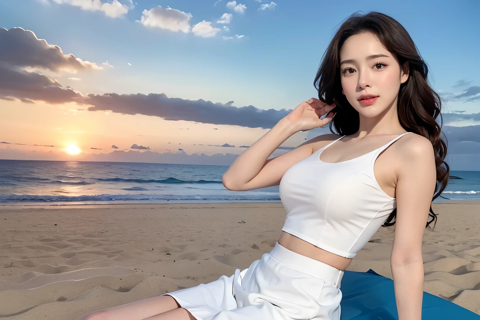 ((best qualtiy, 8k, tmasterpiece:1.3)),Focus:1.2, female,Perfect S-Shaped Body,(A look of determination)(adolable),delicated face, curly hair,long hair flowing,Tilt your head,smile,Hair details,Delicate Full Body Portrayal,Delicate depiction of the face,Best picture quality,A high resolution,Detailed background,Delicate portrayal,exquisitedetails,Rich in detail,Facial strengthening,(Short crop top,short skirt),with blue sky and white clouds,Sitting on the sand,beachfront, ocean view, sunset atmosphere, attractive ocean,YArch ship in the background, cloudy sky,There are no bags under the eyes