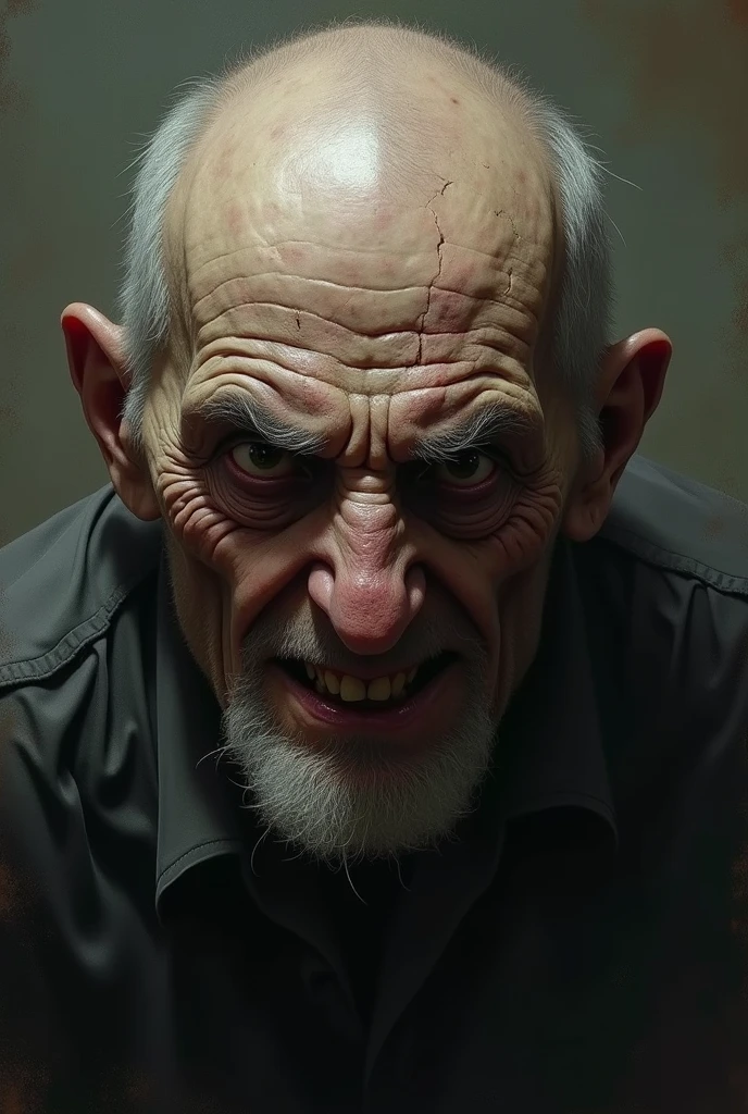 Image of a man with a realistic and scary evil face, An elderly man is lost in thought