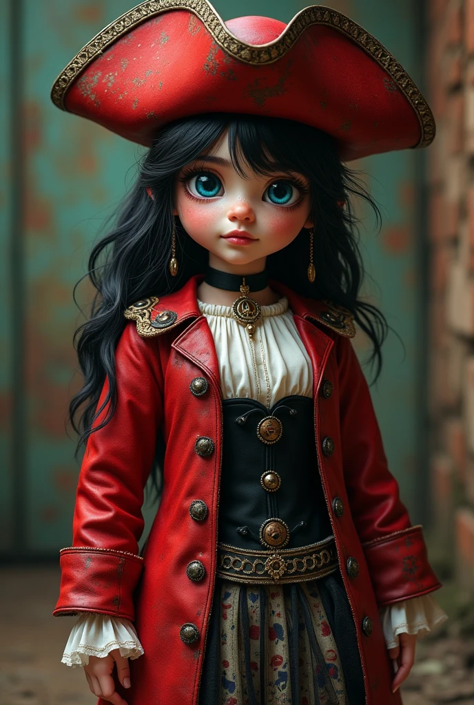 The daughter of the Queen of Hearts and Captain Hook. She is , chubby, with blue eyes and black hair but has red highlights but they are very few, a red captain's coat along with a captain's hat, all worn out, also an elegant long-sleeved shirt like from the 1800s, black covered by a black corset and a skirt made of worn playing cards with black tulle. All this with a realistic style.