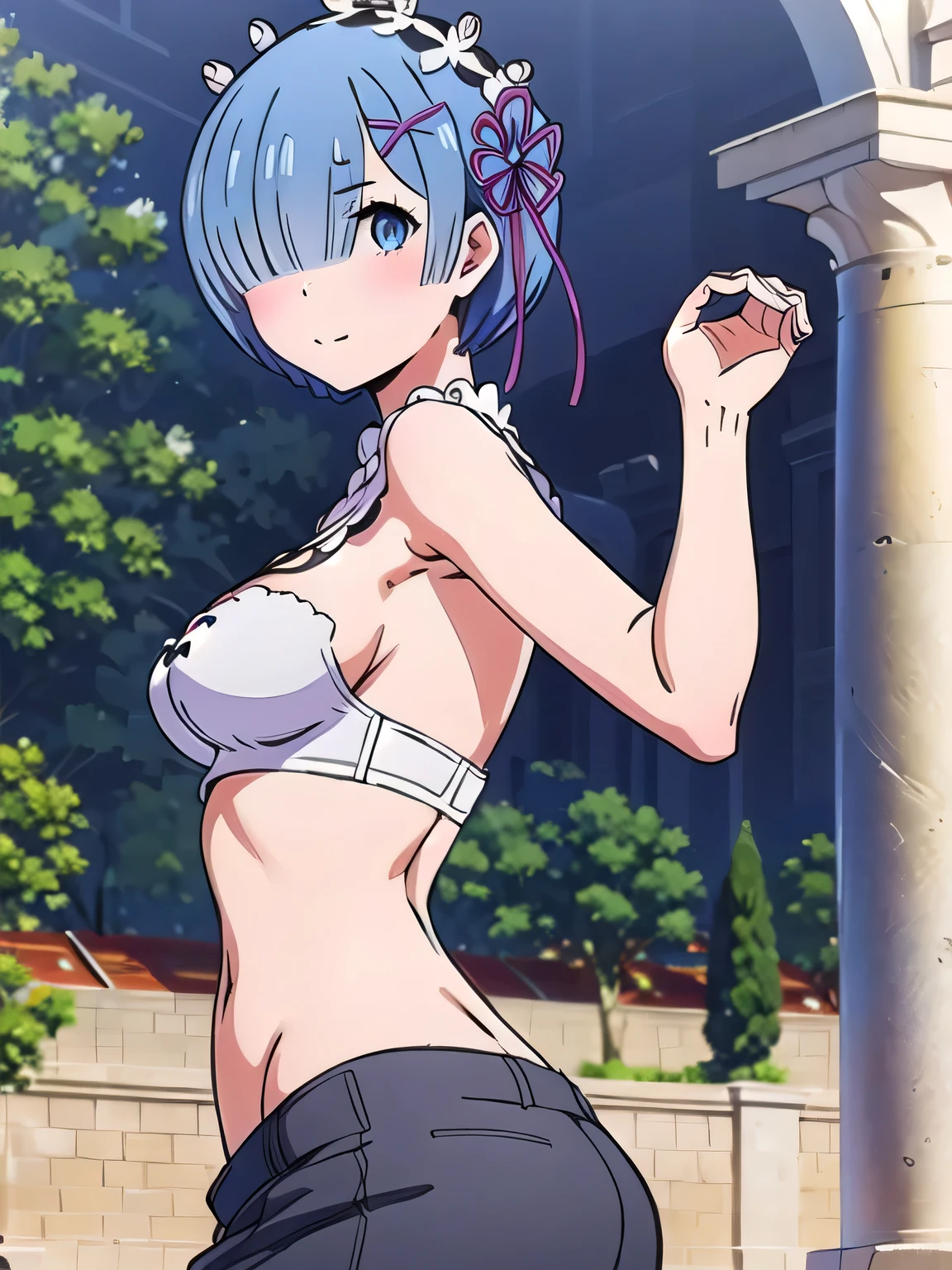 all realistic intricate details, masterpiece, best quality, highres, rem1, 1girl, solo, rem \(re:zero\), blue hair, short hair, red eyes, hair over one eye, ribbon trim, hair ribbon, x hair ornament, frills, crop top white, denim shorts,medium breasts, cleavage, sedection pose , hair flower, outdoor, standing, smile, perfect background, perfect light