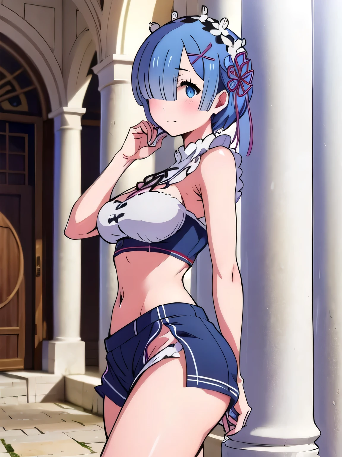 all realistic intricate details, masterpiece, best quality, highres, rem1, 1girl, solo, rem \(re:zero\), blue hair, short hair, red eyes, hair over one eye, ribbon trim, hair ribbon, x hair ornament, frills, crop top white, denim shorts,medium breasts, cleavage, sedection pose , hair flower, outdoor, standing, smile, perfect background, perfect light