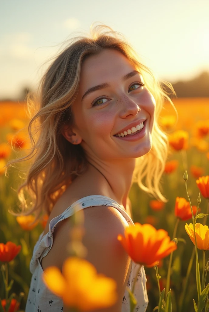 a happy girl in a field of flowers, (best quality,4k,8k,highres,masterpiece:1.2),ultra-detailed,(realistic,photorealistic,photo-realistic:1.37),beautiful detailed eyes,beautiful detailed lips,extremely detailed eyes and face,longeyelashes,bright colorful flowers,warm sunshine,vibrant green grass,peaceful landscape,serene atmosphere,joyful expression,carefree pose,natural beauty