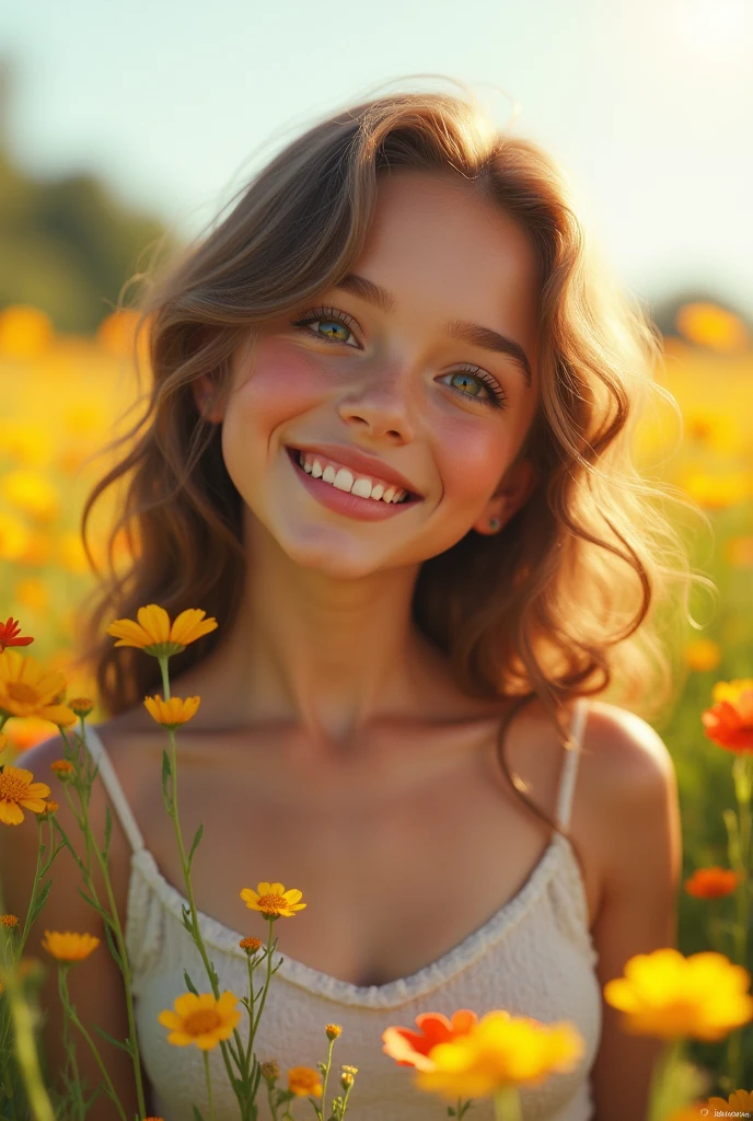 a happy girl in a field of flowers, (best quality,4k,8k,highres,masterpiece:1.2),ultra-detailed,(realistic,photorealistic,photo-realistic:1.37),beautiful detailed eyes,beautiful detailed lips,extremely detailed eyes and face,longeyelashes,bright colorful flowers,warm sunshine,vibrant green grass,peaceful landscape,serene atmosphere,joyful expression,carefree pose,natural beauty