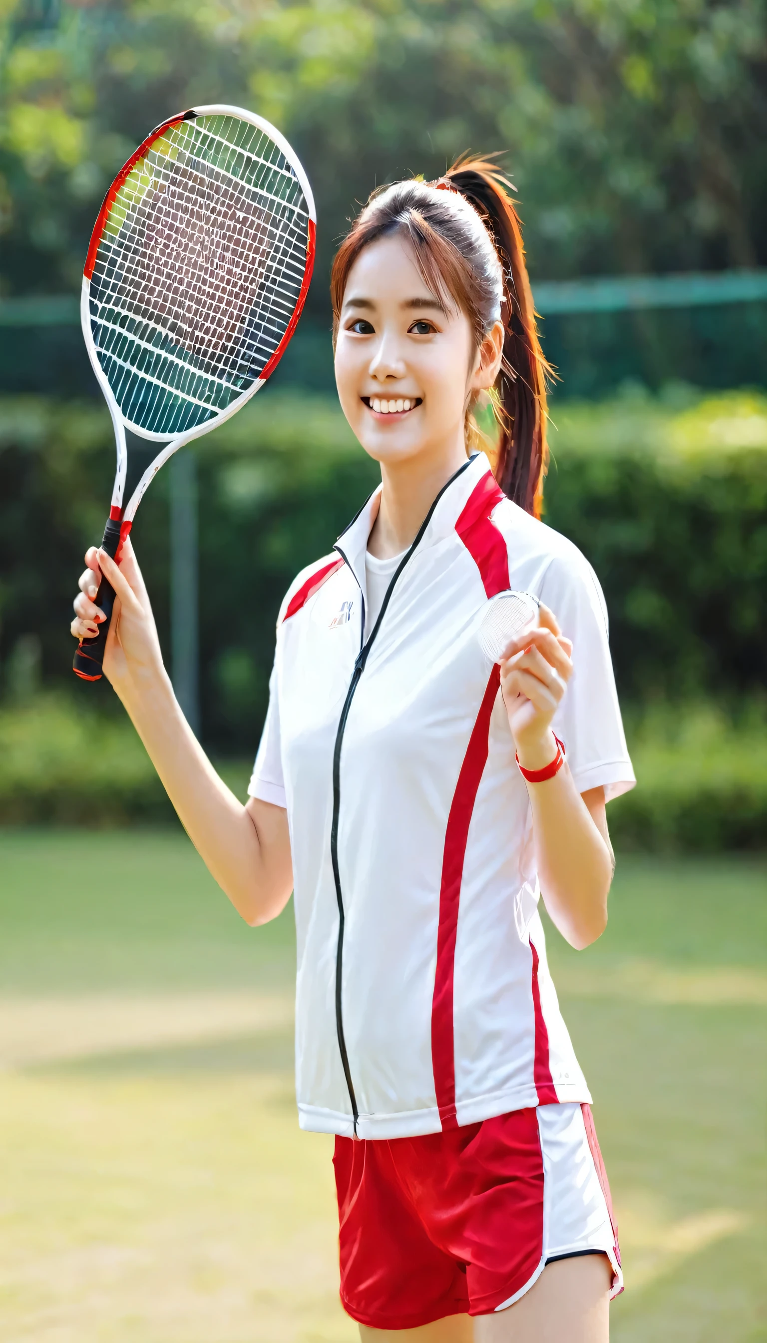 A healthy woman，Wearing red and white sportswear，The facial features are real and natural，full-body shot，Sunny youth，Wearing a ponytail，Smiling emoticon，Carrying a badminton racket，Fingers are real and natural，HD Photography