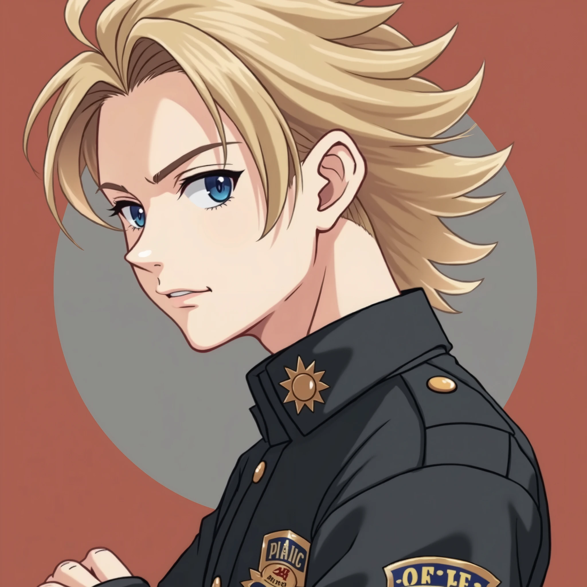 Blond haired blue eyed boy, long hair but shaved from below, wearing a police suit while staring with his arms crossed