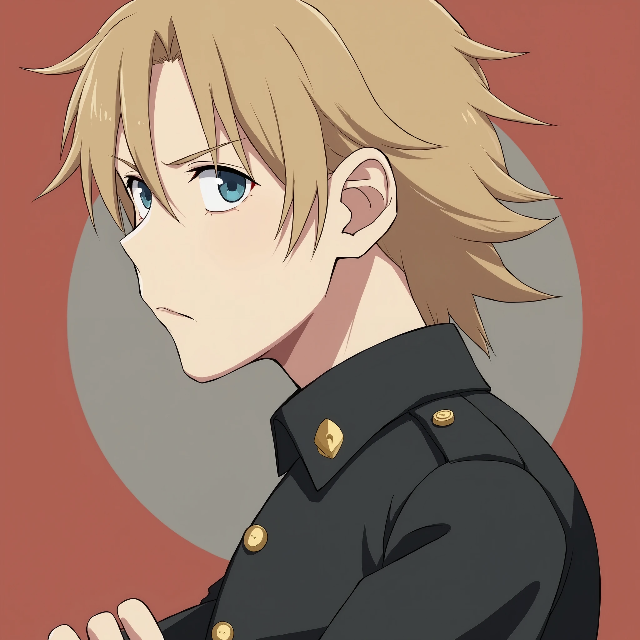 Blond haired blue eyed boy, long hair but shaved from below, wearing a police suit while staring with his arms crossed 